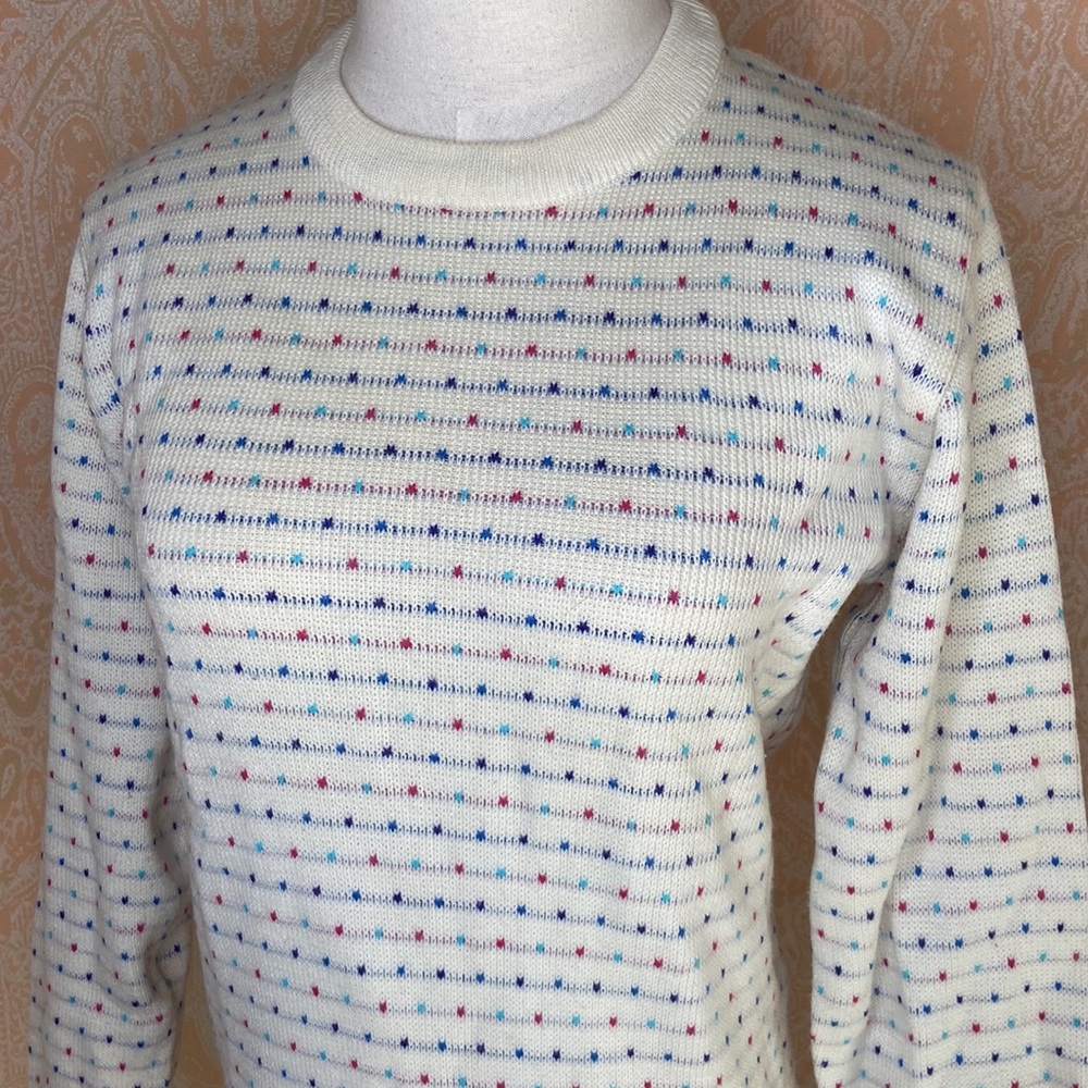 80s vintage 30% wool knit ski sweater pink purple and blue dot pattern
